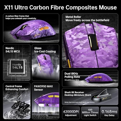 ATTACK SHARK X11 Ultra Wireless Gaming Mouse, Ultra-Light 63g, 42K DPI, 8K Polling, Nordic Chip, Carbon Fiber, for Esports & Pro Gamers Bild 4