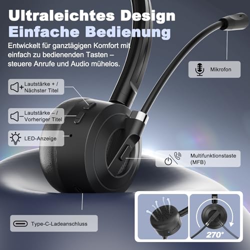 ShinePick Bluetooth Headset mit Mikrofon, BT 6.0 Technologie, Geräuschunterdrückung, Kabelloses Headset für Büro, Fernarbeit & Callcenter – Super Leicht & Ultra Komfortabel Bild 5