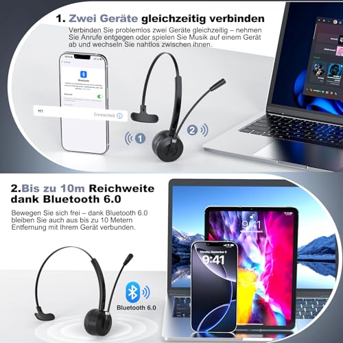 ShinePick Bluetooth Headset mit Mikrofon, BT 6.0 Technologie, Geräuschunterdrückung, Kabelloses Headset für Büro, Fernarbeit & Callcenter – Super Leicht & Ultra Komfortabel Bild 6