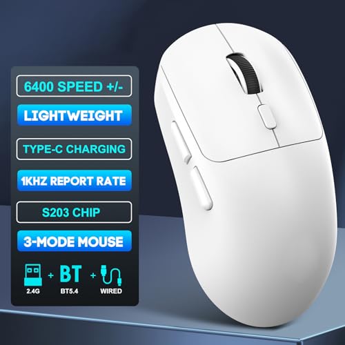 Tangxi T30 Gaming-Maus, 6400 DPI Kabellose Wiederaufladbare Maus mit 6 Tasten und TTC-Schaltern für Laptop, Desktop, PC, Tablet, Bluetooth 5.4, 2,4 G, Kabelgebundene Modi (T30 Weiß) Bild 2