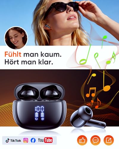 ZIUTY Bluetooth 5.3 Kopfhörer Kabellos, In Ear Bluetooth Kopfhörer mit 4 ENC Mikrofonen, 48 Std Spielzeit, LED Anzeige, HiFi Stereo Sound, IPX7 wasserdichte Sport Kopfhörer – Schwarz Bild 5