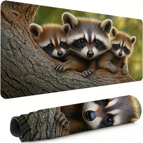Gaming Mauspad XXL 1600x800x3mm Waschbär Mousepad, Große Speed rutschfeste Schreibtischunterlage Wald Verbessert Präzision und Geschwindigkeit mit Stoßdämpfung für Tastatur und Maus Homeoffice xg-743 Bild 1