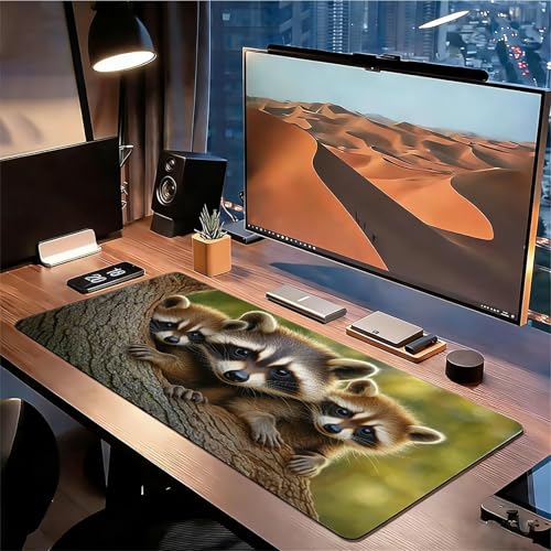 Gaming Mauspad XXL 1600x800x3mm Waschbär Mousepad, Große Speed rutschfeste Schreibtischunterlage Wald Verbessert Präzision und Geschwindigkeit mit Stoßdämpfung für Tastatur und Maus Homeoffice xg-743 Bild 3