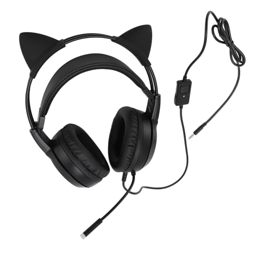 Gaming-Headset mit Mikrofon, 3,5-mm-Stecker, Stereo-Rauschunterdrückung, Abnehmbarer Over-Ear-Kopfhörer mit niedlichen Katzenohren für Mädchen für PC-Telefone (Schwarz) Bild 1