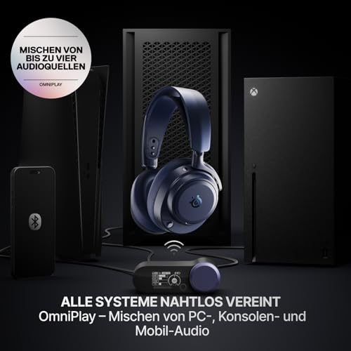 SteelSeries Arctis Nova Pro Omni – Hi‑Res-Wireless Gaming-Headset, 96 kHz/24 Bit, ANC, ClearCast Pro-Mic, KI-Geräuschunterdrückung, Mobile App, Mix 2,4 GHz + BT, OmniPlay PC+PS5+Xbox – Midnight Blue Bild 3