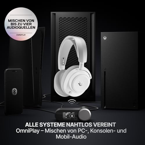 SteelSeries Arctis Nova Pro Omni – Hi‑Res-Wireless Gaming-Headset, 96 kHz/24 Bit, ANC, ClearCast Pro-Mic, KI-Geräuschunterdrückung, Mobile App, Mix 2,4 GHz + BT, OmniPlay PC+PS5+Xbox – Weiß Bild 3
