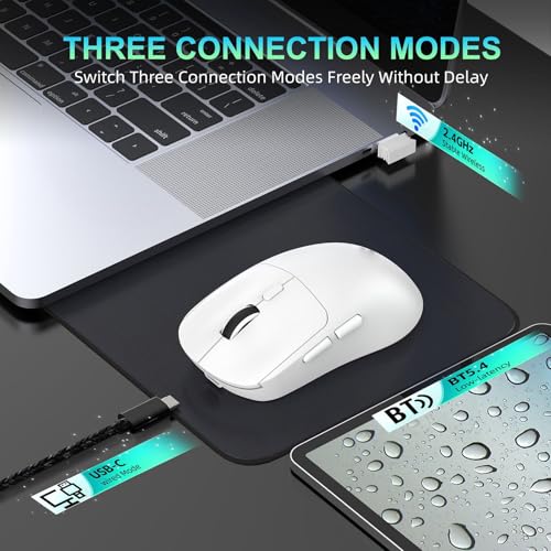 Denash Gaming-Maus, 6400 DPI, 6 Tasten, Ergonomisches Design mit Kabelgebundenen 2,4 G BT5.4-Modi, für Desktop-Laptop-PC-Gaming (T30 Weiß) Bild 3