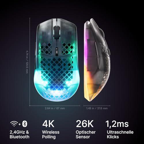 SteelSeries Aerox 3 Wireless Gen 2 – Ultraleichte 68-g-Gaming-Maus, 4K-Polling, 26K-DPI-Optiksensor, 200 Std. Akkulaufzeit, IP54, 80 Mio. Klicks, RGB, Gleitfüße aus reinem PTFE, Shadow Bild 2
