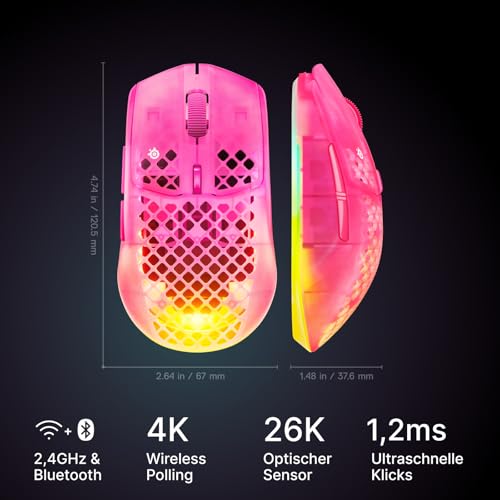SteelSeries Aerox 3 Wireless Gen 2 – Ultraleichte 68-g-Gaming-Maus, 4K-Polling, 26K-DPI-Optiksensor, 200 Std. Akkulaufzeit, IP54, 80 Mio. Klicks, RGB, Gleitfüße aus reinem PTFE, Magenta Bild 2