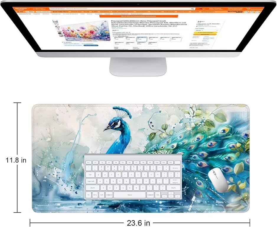 Schreibtischunterlage Pfau Mauspad XXL 150x80cm Mousepad Blau Gaming Mauspad mit Nicht rutschender Unterlage, Vernähte Kanten WassXerdicht Anti-Rutsch Maus Pad für PC, MacBook, Laptop, Office F0-761 Bild 2