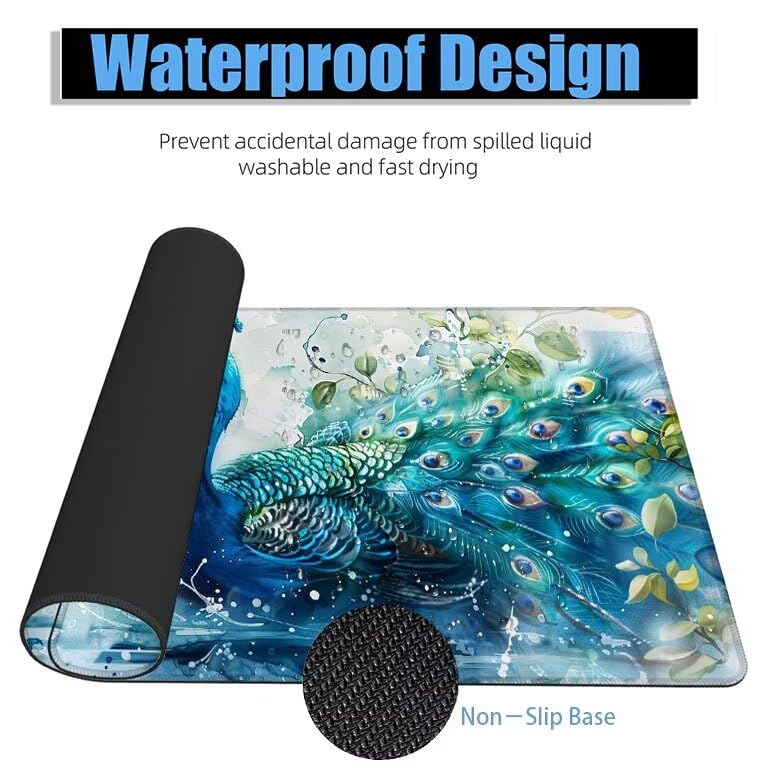 Schreibtischunterlage Pfau Mauspad XXL 150x80cm Mousepad Blau Gaming Mauspad mit Nicht rutschender Unterlage, Vernähte Kanten WassXerdicht Anti-Rutsch Maus Pad für PC, MacBook, Laptop, Office F0-761 Bild 4