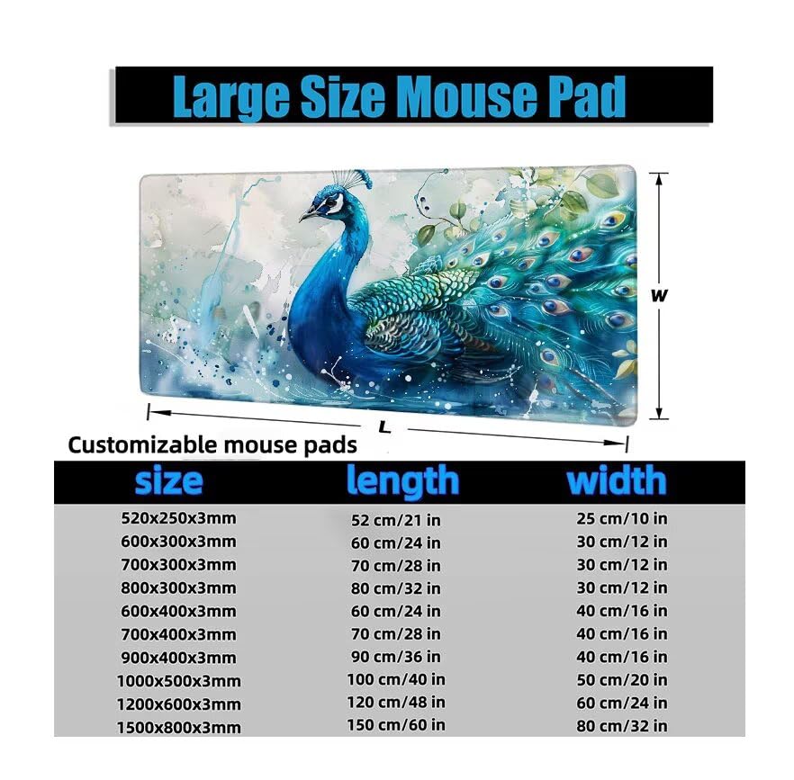 Schreibtischunterlage Pfau Mauspad XXL 150x80cm Mousepad Blau Gaming Mauspad mit Nicht rutschender Unterlage, Vernähte Kanten WassXerdicht Anti-Rutsch Maus Pad für PC, MacBook, Laptop, Office F0-761 Bild 6