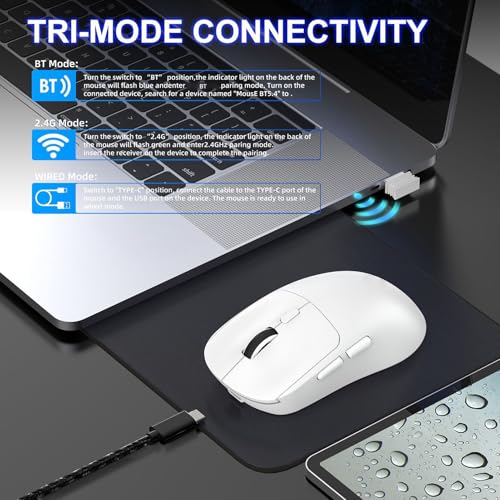 Elprico Kabellose Gaming-Maus, Tri-Mode 2,4 G BT 5,4 Kabelgebundene Optische Maus 6400 DPI mit 500 MAh Wiederaufladbarem und TTC-Schaltern, für Desktop-Laptop und PC-Gaming (T30 Weiß) Bild 4