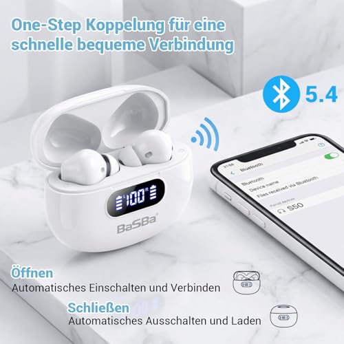 BaSBa In-Ear Bluetooth 5.4 Kopfhörer TWS mit HiFi Stereo Bass, ENC Mikrofon, LED Display, USB-C Ladecase, IPX4, Touch Control, 5-8h Akku S50 Bild 4