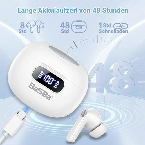 BaSBa In-Ear Bluetooth 5.4 Kopfhörer TWS mit HiFi Stereo Bass, ENC Mikrofon, LED Display, USB-C Ladecase, IPX4, Touch Control, 5-8h Akku S50 Bild 6