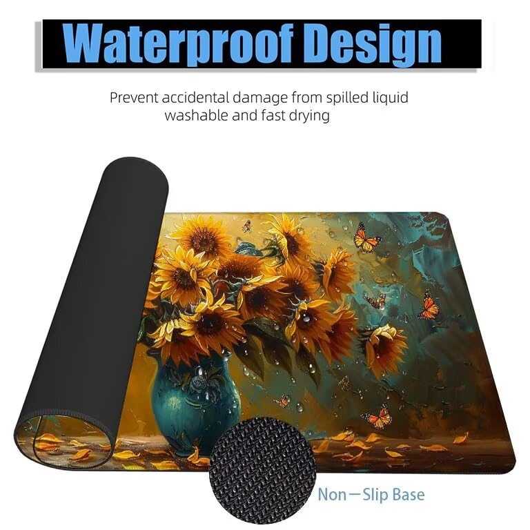 Schreibtischunterlage Sonnenblume Mauspad XXL 150x80cm Mousepad Anlage Gaming Mauspad mit Nicht rutschender Unterlage, Vernähte Kanten WassXerdicht Anti-Rutsch Maus Pad für PC, MacBook, Laptop F0-776 Bild 4