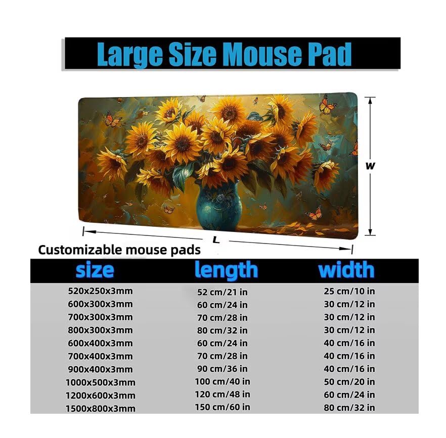Schreibtischunterlage Sonnenblume Mauspad XXL 150x80cm Mousepad Anlage Gaming Mauspad mit Nicht rutschender Unterlage, Vernähte Kanten WassXerdicht Anti-Rutsch Maus Pad für PC, MacBook, Laptop F0-776 Bild 6