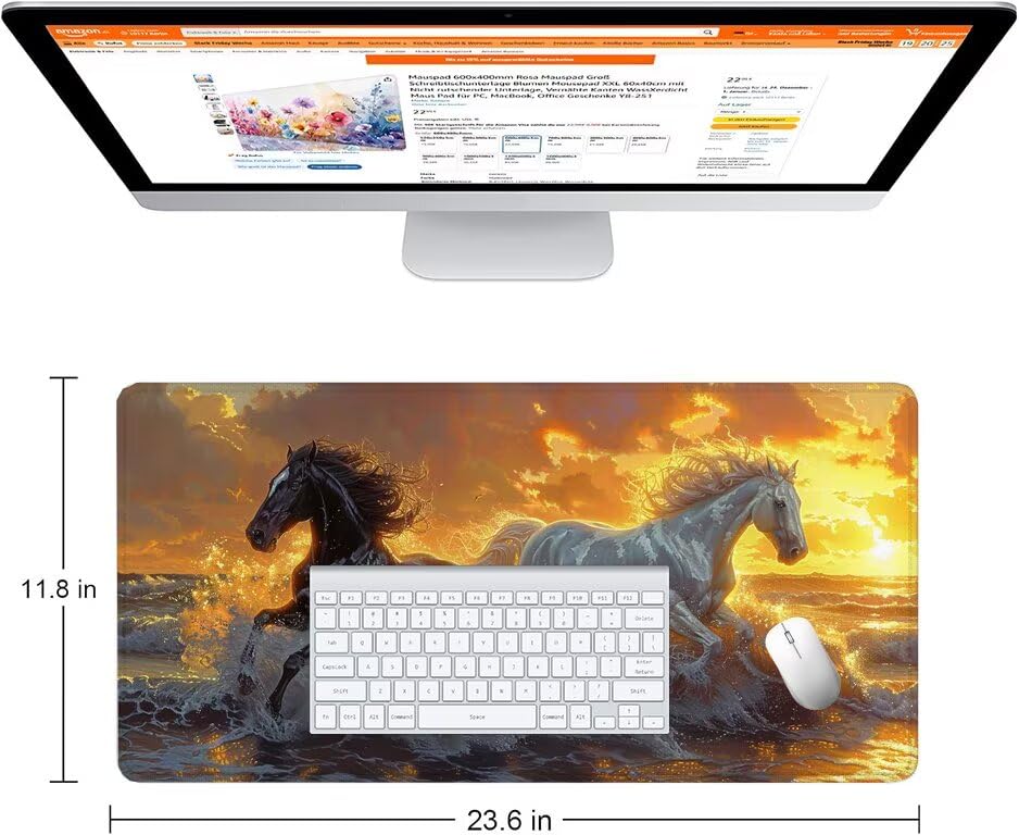 Schreibtischunterlage Weiß Mauspad XXL 150x80cm Mousepad Pferd Gaming Mauspad mit Nicht rutschender Unterlage, Vernähte Kanten WassXerdicht Anti-Rutsch Maus Pad für Laptop, Office Geschenke F0-728 Bild 2