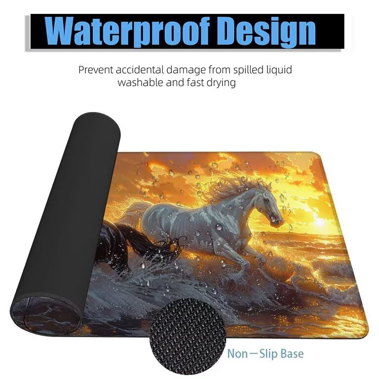 Schreibtischunterlage Weiß Mauspad XXL 150x80cm Mousepad Pferd Gaming Mauspad mit Nicht rutschender Unterlage, Vernähte Kanten WassXerdicht Anti-Rutsch Maus Pad für Laptop, Office Geschenke F0-728 Bild 4