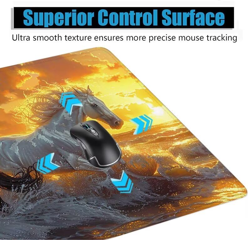 Schreibtischunterlage Weiß Mauspad XXL 150x80cm Mousepad Pferd Gaming Mauspad mit Nicht rutschender Unterlage, Vernähte Kanten WassXerdicht Anti-Rutsch Maus Pad für Laptop, Office Geschenke F0-728 Bild 5