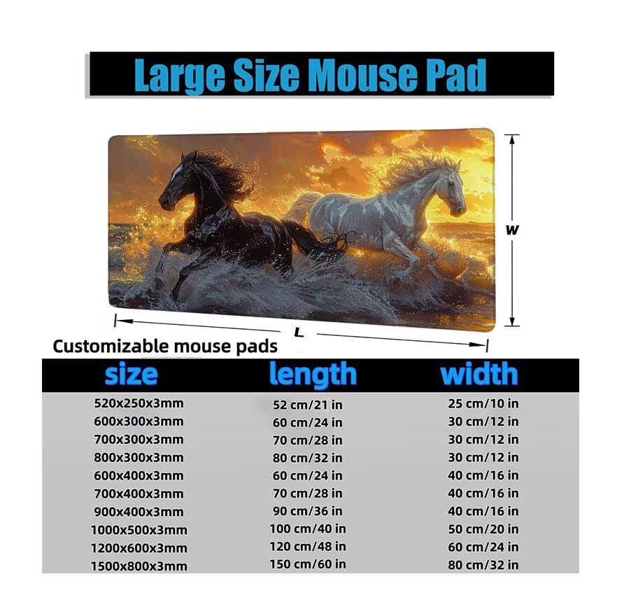 Schreibtischunterlage Weiß Mauspad XXL 150x80cm Mousepad Pferd Gaming Mauspad mit Nicht rutschender Unterlage, Vernähte Kanten WassXerdicht Anti-Rutsch Maus Pad für Laptop, Office Geschenke F0-728 Bild 6