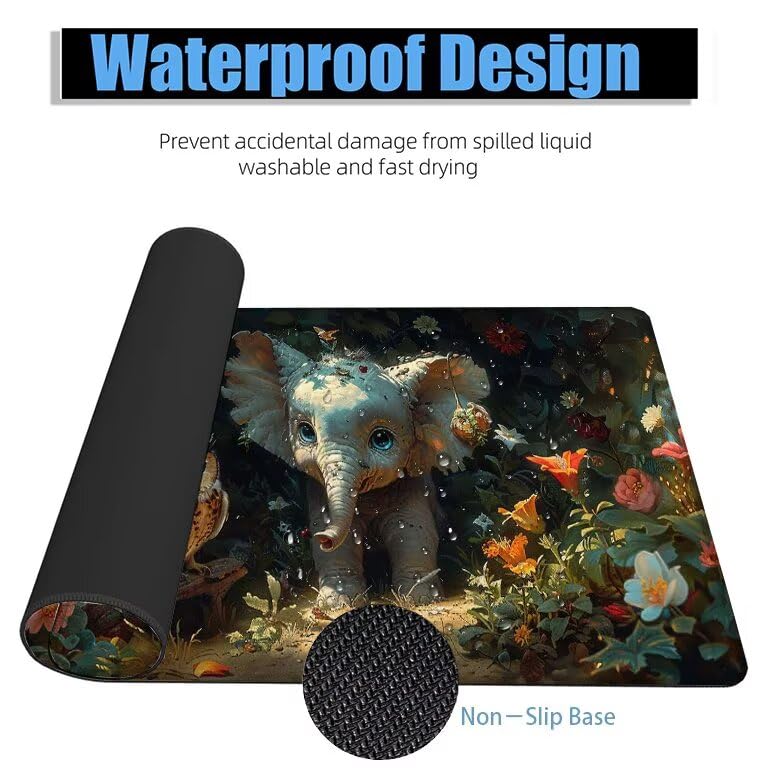 Schreibtischunterlage Elefant Mauspad XXL 150x80cm Mousepad Eule Gaming Mauspad mit Nicht rutschender Unterlage, Vernähte Kanten WassXerdicht Anti-Rutsch Maus Pad für Laptop, Office Geschenke F0-722 Bild 4