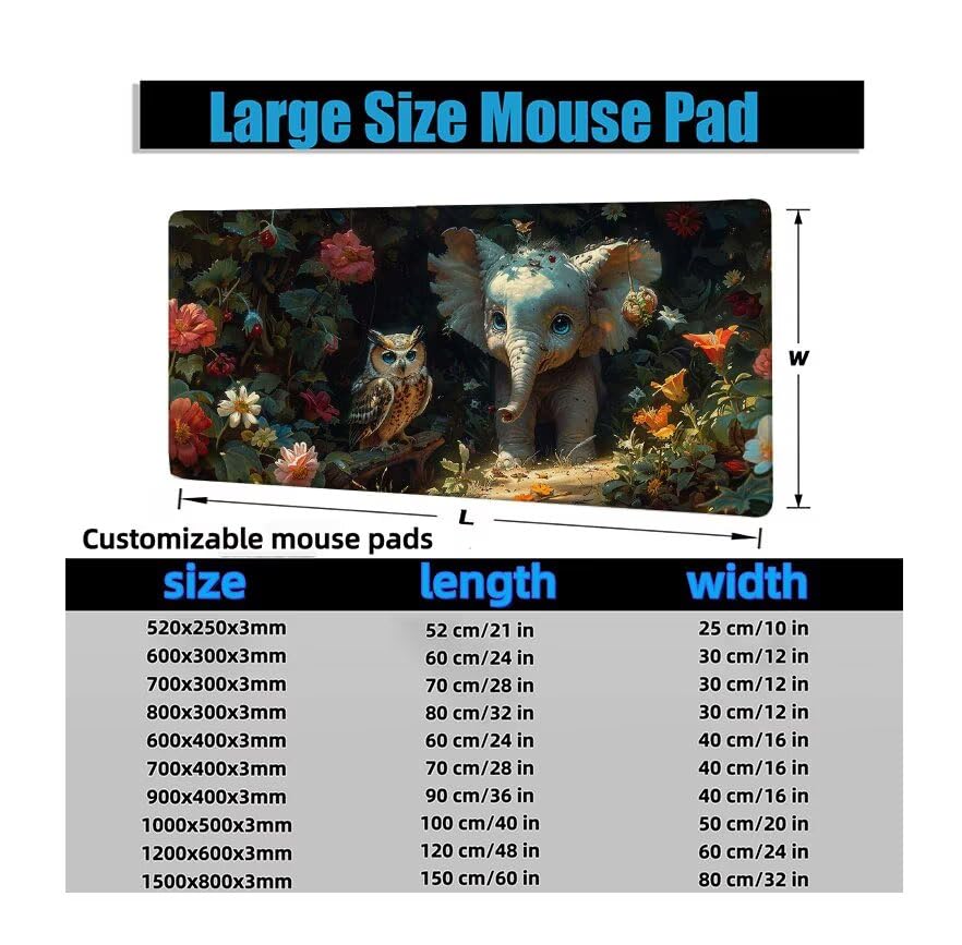 Schreibtischunterlage Elefant Mauspad XXL 150x80cm Mousepad Eule Gaming Mauspad mit Nicht rutschender Unterlage, Vernähte Kanten WassXerdicht Anti-Rutsch Maus Pad für Laptop, Office Geschenke F0-722 Bild 6