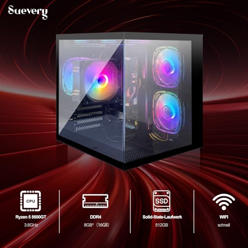suevery Gaming PC R5 5600GT (6 Kerne 12 Threads, bis 4.6GHz) Desktop Computer Tower 16GB RAM | 512GB NVMe SSD | WLAN | Prebuilt Gamer PC (schwarz) Bild 2