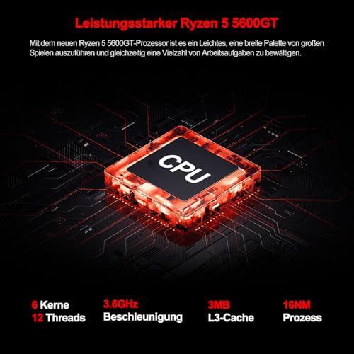 suevery Gaming PC R5 5600GT (6 Kerne 12 Threads, bis 4.6GHz) Desktop Computer Tower 16GB RAM | 512GB NVMe SSD | WLAN | Prebuilt Gamer PC (schwarz) Bild 3