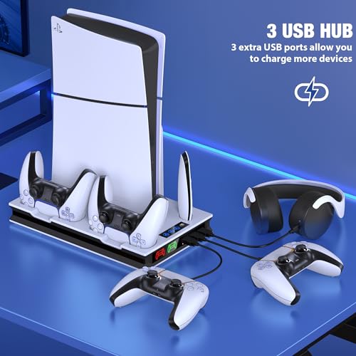 PS5/Slim/Pro Ständer und Kühlstation mit Dual-Controller-Ladegerät, 3-stufigem Turbolüfter, 4 USB-C-Adaptern, USB-Hub und Headset-Halterung für PlayStation 5 Konsole (Disc/Digital Edition) Bild 5
