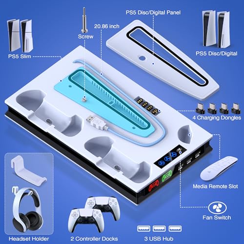 PS5/Slim/Pro Ständer und Kühlstation mit Dual-Controller-Ladegerät, 3-stufigem Turbolüfter, 4 USB-C-Adaptern, USB-Hub und Headset-Halterung für PlayStation 5 Konsole (Disc/Digital Edition) Bild 7
