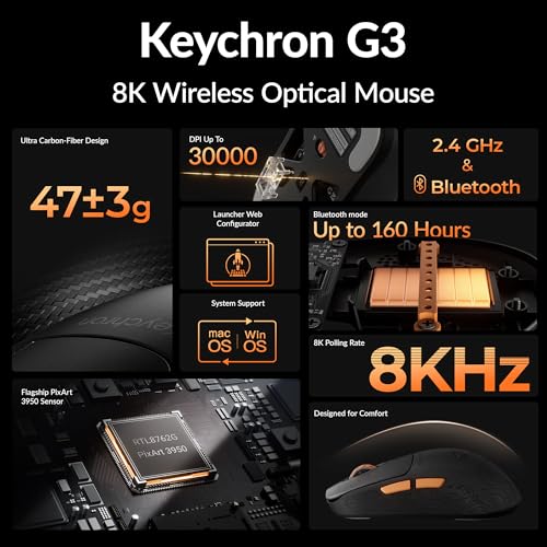 Keychron G3 8K Carbonfaser-Gaming-Maus, kabellos 8000 Hz, 30000 DPI, PAW 3950 Sensor, Ultraleicht 44g, 2,4 GHz/Bluetooth 5.3, 160 Stunden Akkulaufzeit, 5 programmierbare Tasten, für E-Sport und FPS Bild 2