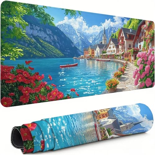 Gaming Mauspad XXL 1600x800x3mm Kleinstadt Mousepad, Große Speed rutschfeste Schreibtischunterlage Blume Verbessert Präzision und Geschwindigkeit mit Stoßdämpfung für Tastatur Maus Homeoffice xg-761 Bild 1