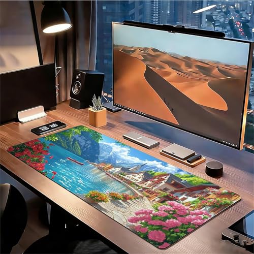Gaming Mauspad XXL 1600x800x3mm Kleinstadt Mousepad, Große Speed rutschfeste Schreibtischunterlage Blume Verbessert Präzision und Geschwindigkeit mit Stoßdämpfung für Tastatur Maus Homeoffice xg-761 Bild 3