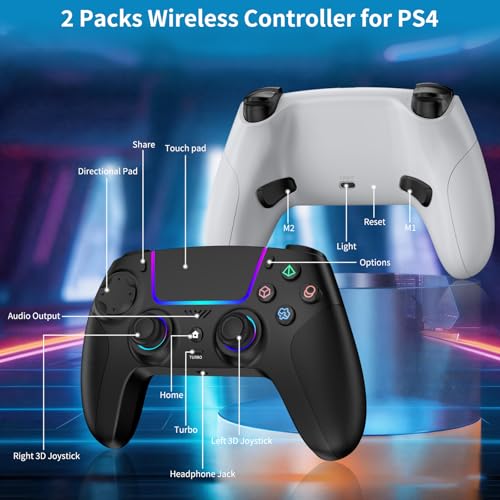 JORREP 2 Pack Wireless Controller für PS4,Gamepad Joystick, kompatibel mit PS4/PS3/Pro/Steam Deck/PC,mit RGB-Beleuchtung/Dual-Vibration/Turbo-Funktion/Bewegungssensor/programmierbar/Headset-Anschluss Bild 2