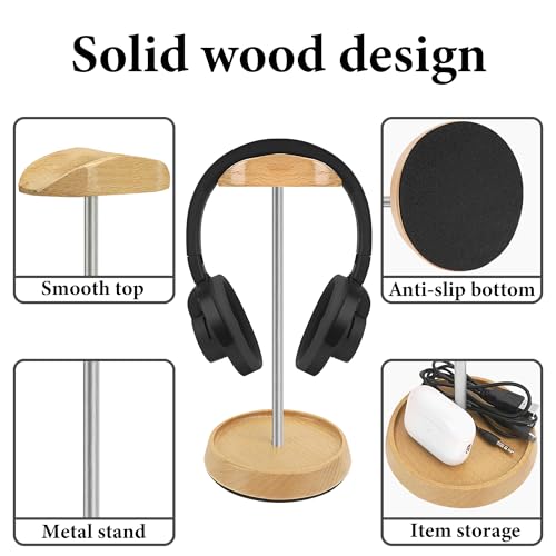 GEEKRIA Kopfhörerständer aus Holz mit Aluminium-Halterung, Premium Gaming-Headset-Ständer für den Schreibtisch, Stabiler Display-Hänger mit Ablage, kompatibel mit Sony Bose Sennheiser (Buchenholz) Bild 3