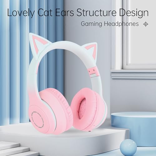 Katzenohr-Kopfhörer, Kabelloses Bluetooth 5.3-Gaming-Headset, 3,5-mm-AUX-Kabel, Abnehmbare Mikrofon-Kopfhörer, Ideal für Reisen, Faltbar mit LED-Licht (PINK) Bild 2