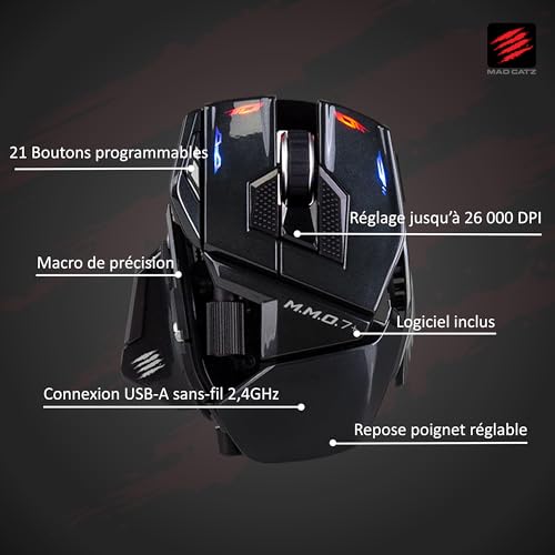 MAD CATZ M.M.O. 7+ Gaming-Maus MMO Kabelgebunden & Kabellos – 21 Programmierbare Eingänge + 5D-Schalter + Shift-Modus x2 + 5 Profile + PixArt 3395 Sensor 26.000 DPI – Ergonomisch für Rechtshänder Bild 2