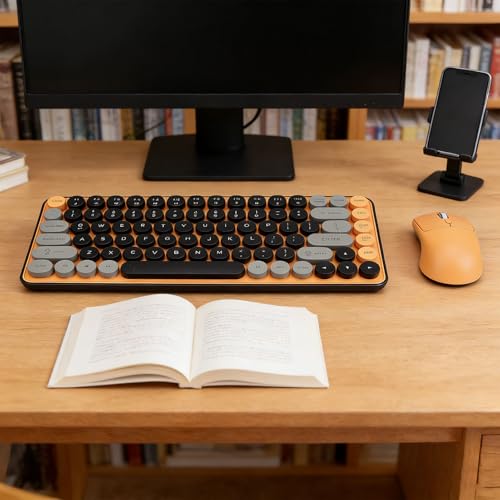 PUSOKEI Kabellose Tastatur- und Maus-Kombination, Mechanische Gaming-Tastatur Im Schreibmaschinenstil mit 85 Tasten, Runden Tastenkappen, 2,4 GHz und Bluetooth, Ergonomisches Design für Bild 5