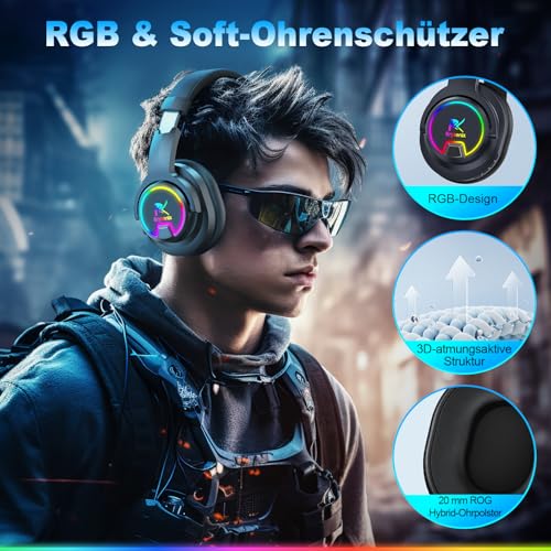 Krysenix Wireless Gaming Headset mit Noise Cancelling Mikrofon für PS5, PS4, PC Mobile: 2.4GHz Geringe Latenz Und Bluetooth, Immersive Stereo Sound, 48H Akku, RGB Beleuchtung Bild 2