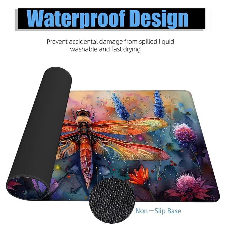 Schreibtischunterlage Farbe Mauspad XXL 150x80cm Mousepad Libelle Gaming Mauspad mit Nicht rutschender Unterlage, Vernähte Kanten WassXerdicht Anti-Rutsch Maus Pad für PC, Office Geschenke F0-836 Bild 4