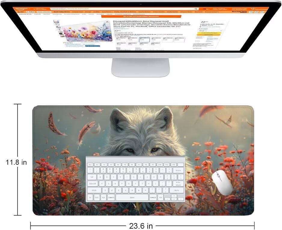 Schreibtischunterlage Wolf Mauspad XXL 150x80cm Mousepad Weiß Gaming Mauspad mit Nicht rutschender Unterlage, Vernähte Kanten WassXerdicht Anti-Rutsch Maus Pad für PC, MacBook, Laptop, Office F0-833 Bild 2