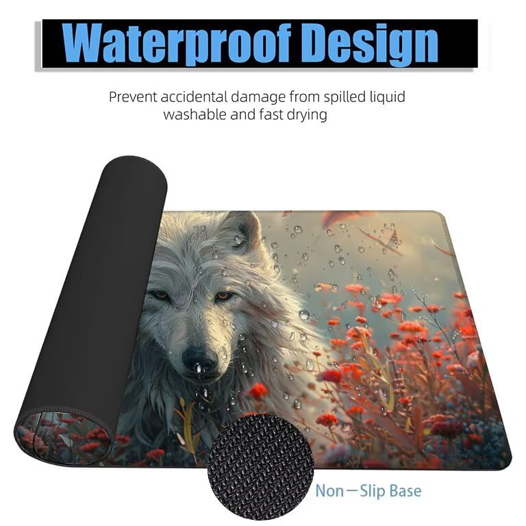 Schreibtischunterlage Wolf Mauspad XXL 150x80cm Mousepad Weiß Gaming Mauspad mit Nicht rutschender Unterlage, Vernähte Kanten WassXerdicht Anti-Rutsch Maus Pad für PC, MacBook, Laptop, Office F0-833 Bild 4