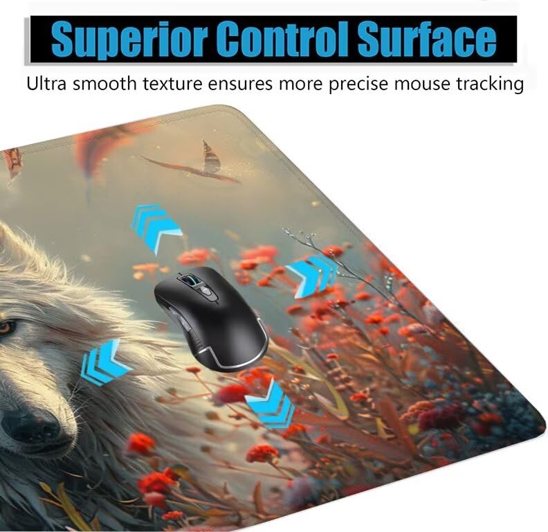 Schreibtischunterlage Wolf Mauspad XXL 150x80cm Mousepad Weiß Gaming Mauspad mit Nicht rutschender Unterlage, Vernähte Kanten WassXerdicht Anti-Rutsch Maus Pad für PC, MacBook, Laptop, Office F0-833 Bild 5