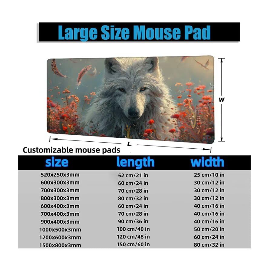 Schreibtischunterlage Wolf Mauspad XXL 150x80cm Mousepad Weiß Gaming Mauspad mit Nicht rutschender Unterlage, Vernähte Kanten WassXerdicht Anti-Rutsch Maus Pad für PC, MacBook, Laptop, Office F0-833 Bild 6