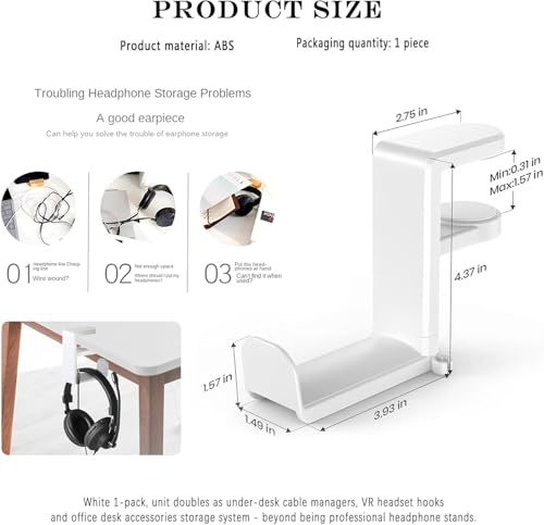 Drehbarer Kopfhörerständer, verstellbarer Klemm-On-Headset-Halter unter dem Schreibtisch, mit 360°-Drehgelenk und Kabelclip-Organizer (weiß) Bild 5