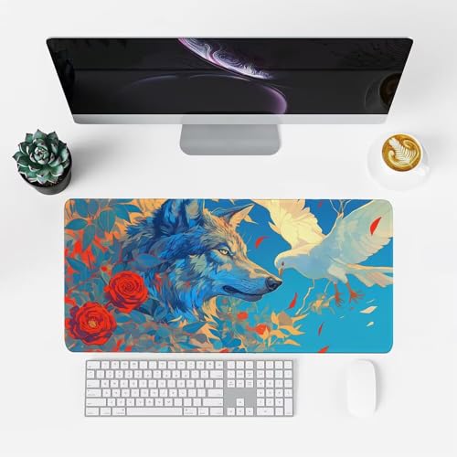 Wolf Mauspad 900x500x3mm, Mousepad Gaming Mauspad Vogel Mousepad XXL, Mouse Pad mit Vernähten Kanten und rutschfeste Gummibasis, Schreibtisch Zubehör, Maus Pad für Gaming Tastatur und Maus, f-222 Bild 2