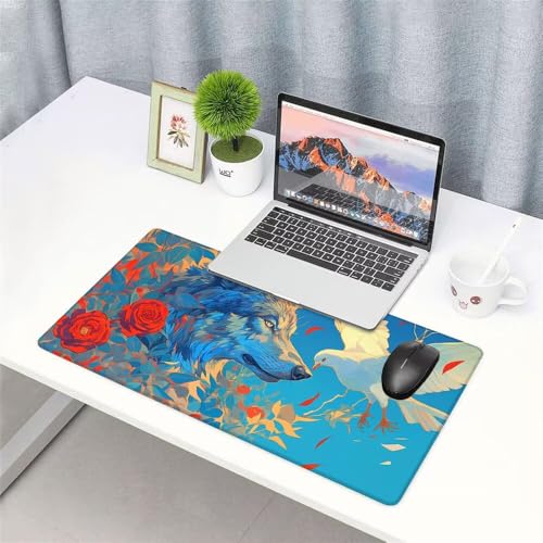 Wolf Mauspad 900x500x3mm, Mousepad Gaming Mauspad Vogel Mousepad XXL, Mouse Pad mit Vernähten Kanten und rutschfeste Gummibasis, Schreibtisch Zubehör, Maus Pad für Gaming Tastatur und Maus, f-222 Bild 3