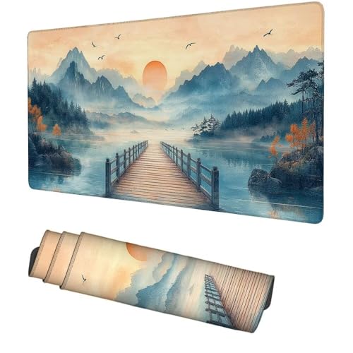 Sonnenuntergang Mauspad 900x500x3mm, Mousepad Gaming Mauspad Hafen Mousepad XXL, Mouse Pad mit Vernähten Kanten und rutschfeste Gummibasis, Schreibtisch Zubehör, für Gaming Tastatur und Maus, f-248 Bild 1