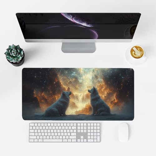Wolf Mauspad 900x500x3mm, Mousepad Gaming Mauspad Wasserfall Mousepad XXL, Mouse Pad mit Vernähten Kanten und Rutschfeste Gummibasis, Schreibtisch Zubehör, Maus Pad für Gaming Tastatur und Maus, f-218 Bild 2